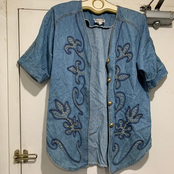 VINTAGE MONIQUE FASHIONS EMBROIDERY STUDS DENIM SHIRT JACKETS SIZE 8 - Picture 4 of 8